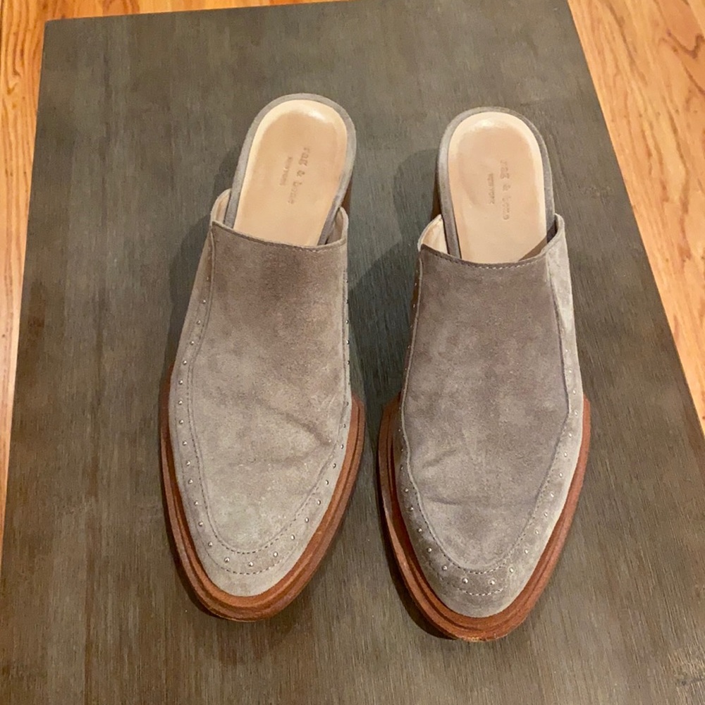 Rag & Bone Weiss Grey Suede Mule edged with Silver Studs 36.5